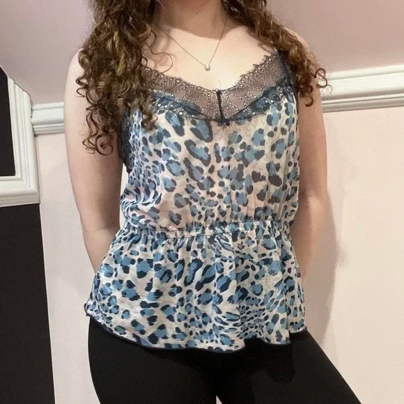 y2k blue and pink leopard print lace trim peplum tank medium - Picture 2 of 8